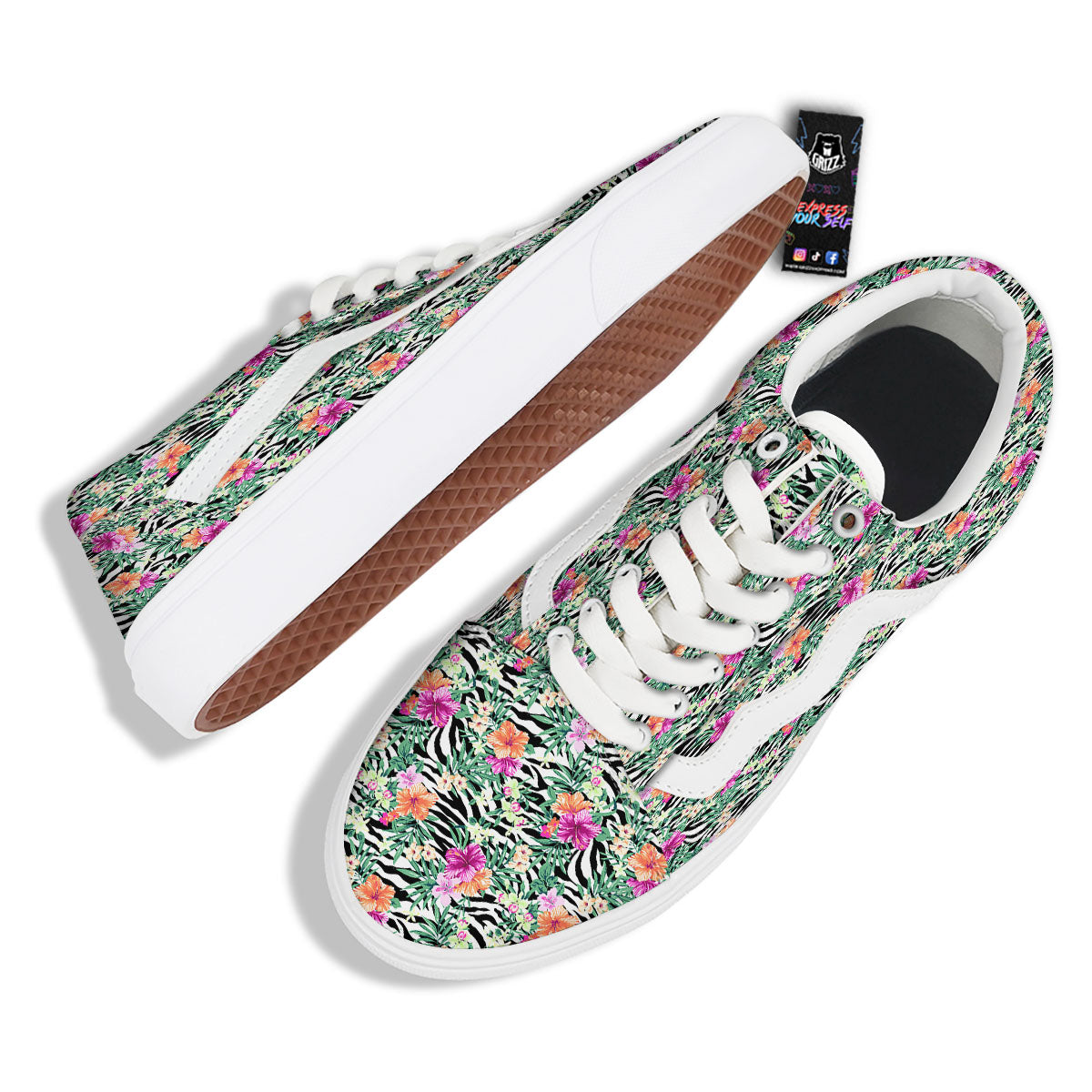 Zebra Floral Black White Print Pattern Skate Shoes-grizzshop