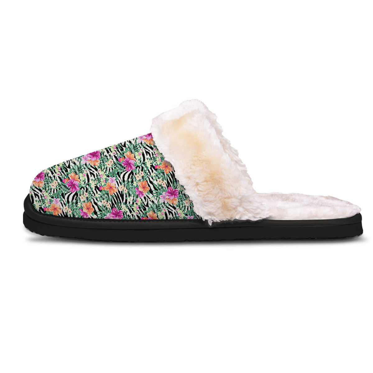 Zebra Floral Black White Print Pattern Slippers-grizzshop