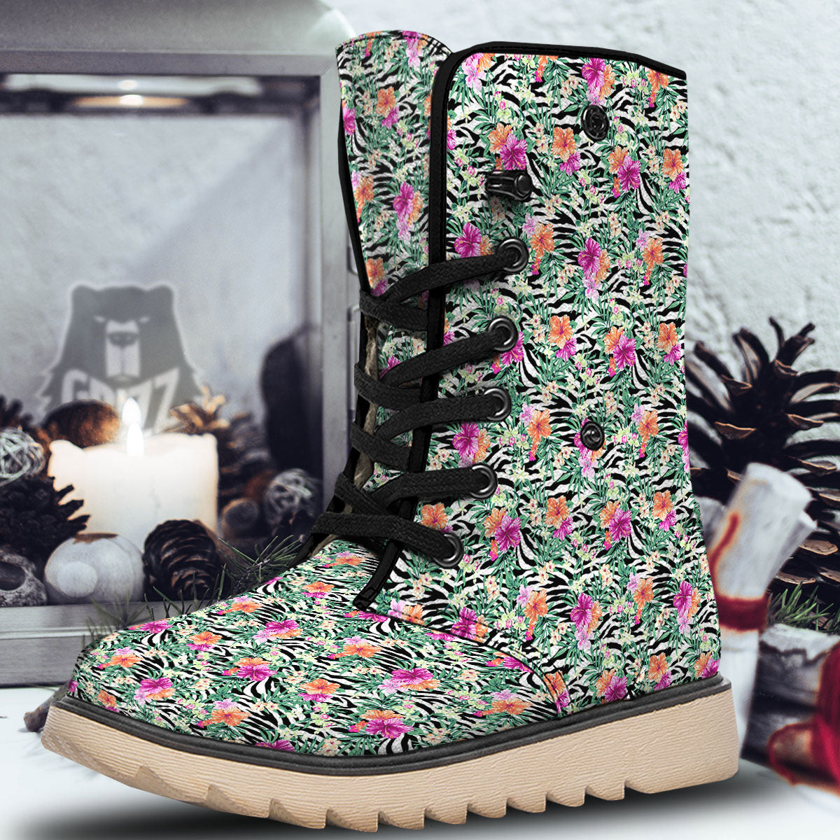 Zebra Floral Black White Print Pattern Snow Boots-grizzshop
