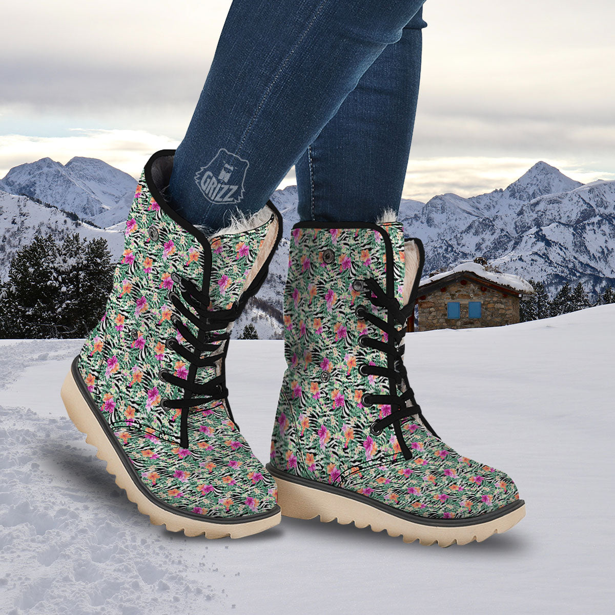 Zebra Floral Black White Print Pattern Snow Boots-grizzshop