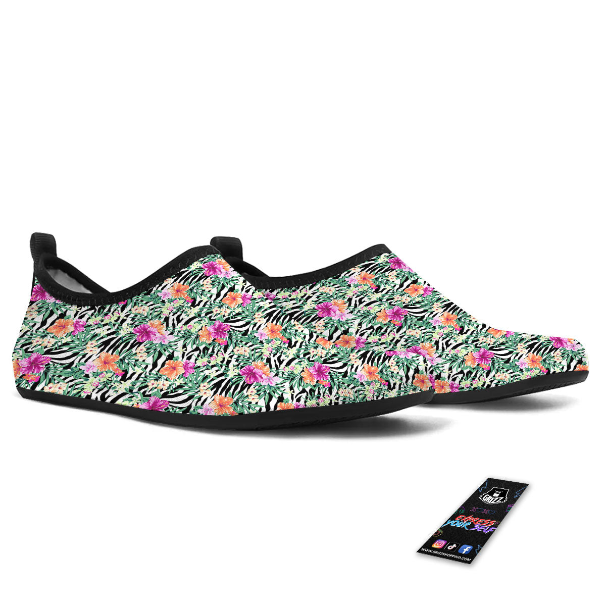 Zebra Floral Black White Print Pattern Water Shoes-grizzshop