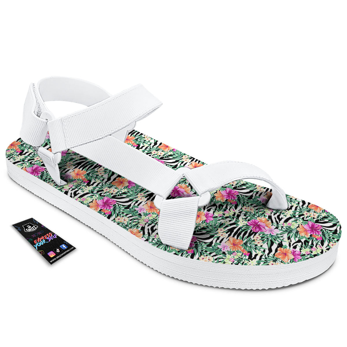 Zebra Floral Black White Print Pattern White Open Toe Sandals-grizzshop