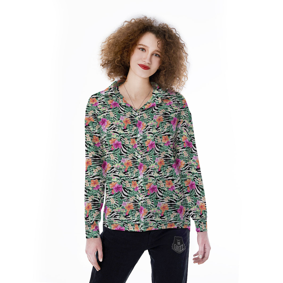 Zebra Floral Black White Print Pattern Women's Long Sleeve Shirts-grizzshop