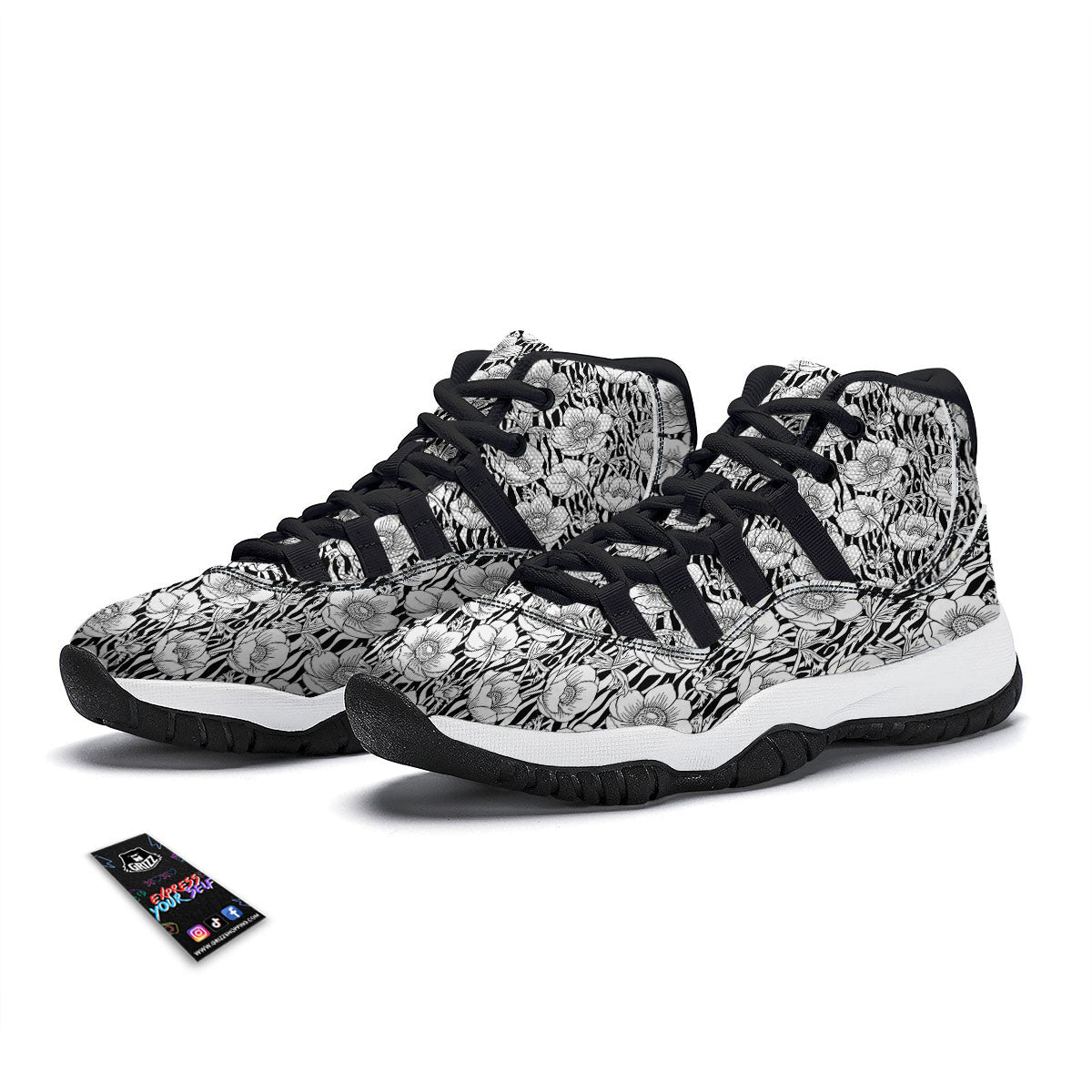 Zebra Flower Black White Print Pattern Black Bball Shoes-grizzshop