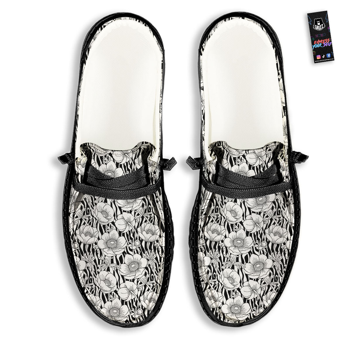 Zebra Flower Black White Print Pattern Black Loafers-grizzshop