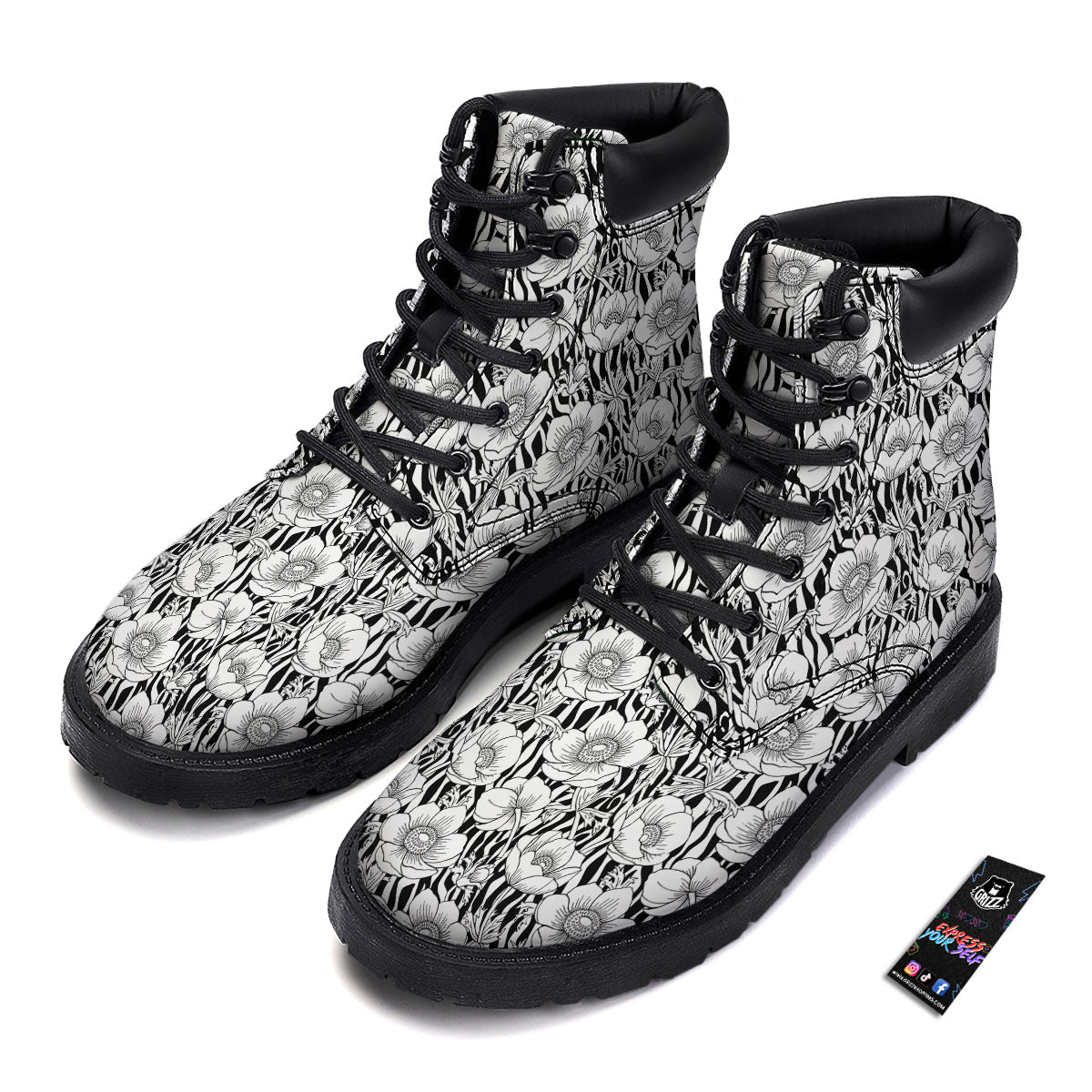 Zebra Flower Black White Print Pattern Boots-grizzshop