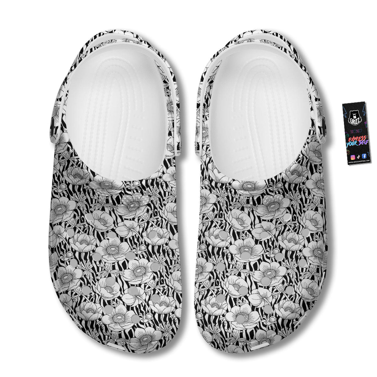 Zebra Flower Black White Print Pattern Clog-grizzshop