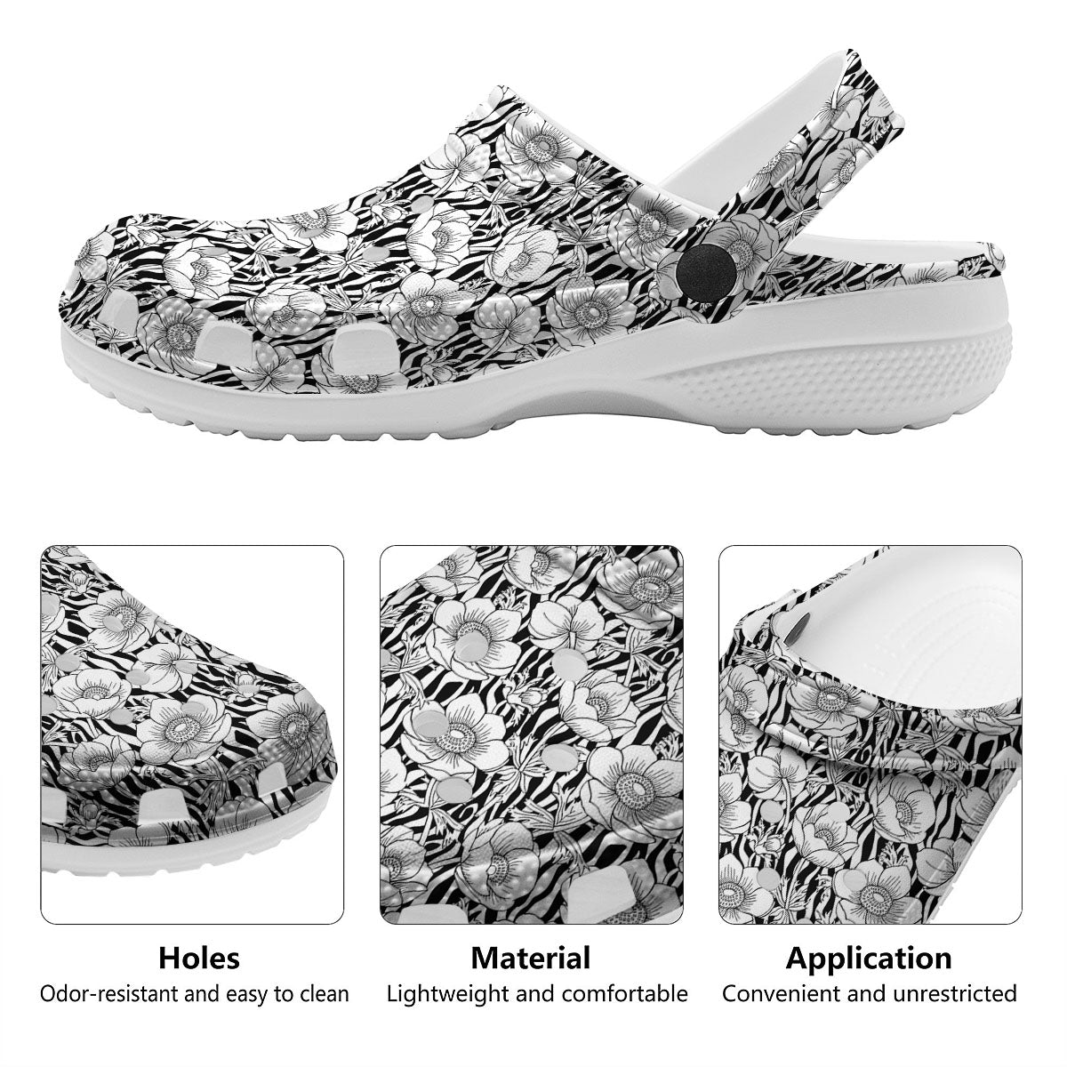 Zebra Flower Black White Print Pattern Clog-grizzshop