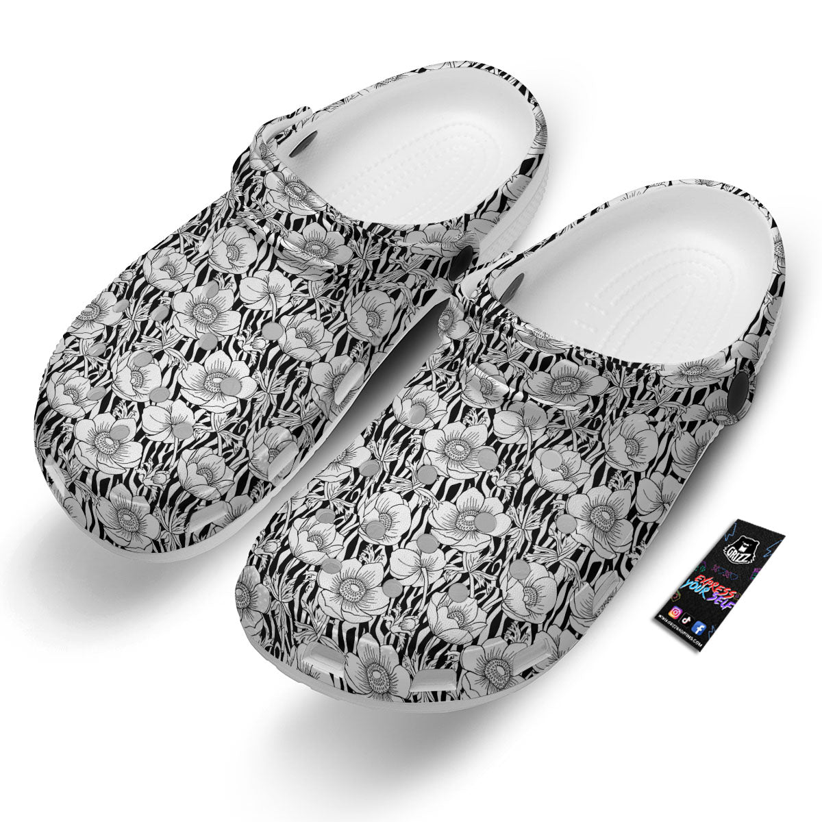 Zebra Flower Black White Print Pattern Clog-grizzshop