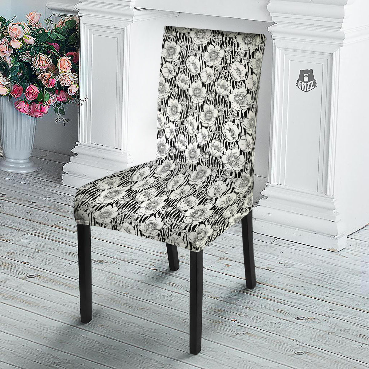 Zebra Flower Black White Print Pattern Dining Chair Slipcover-grizzshop