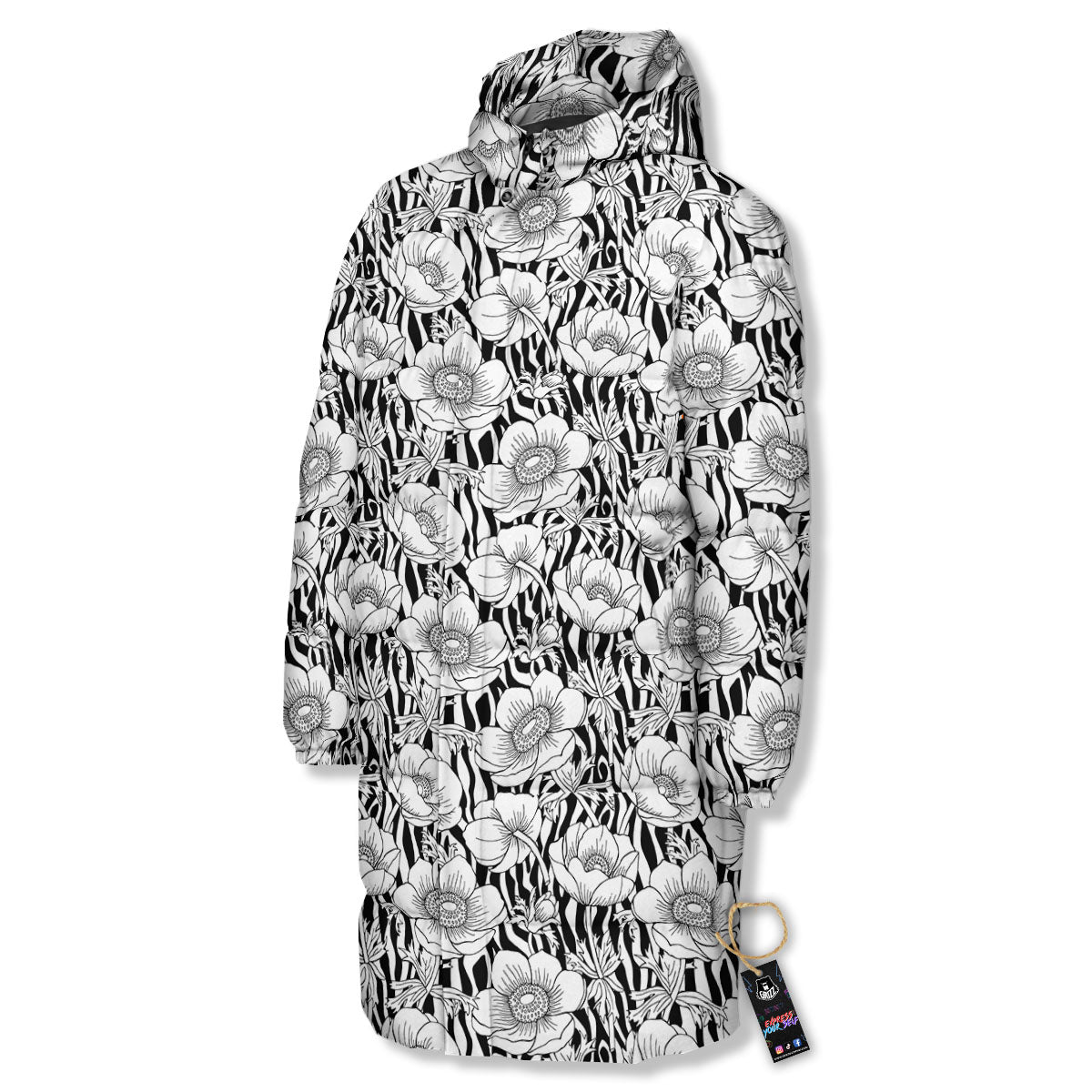 Zebra Flower Black White Print Pattern Long Down Jacket-grizzshop