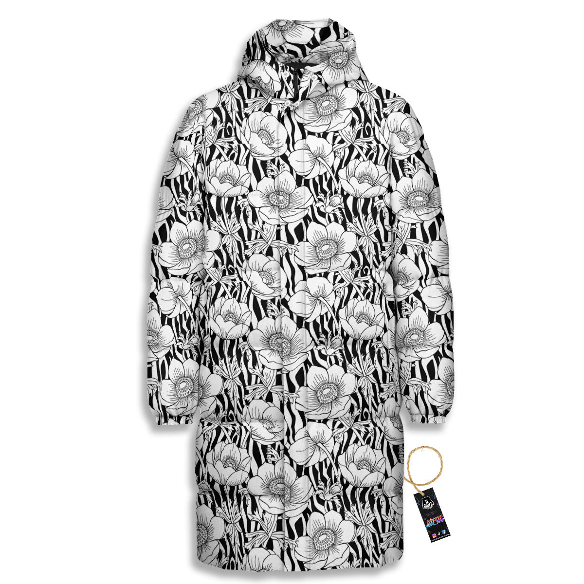 Zebra Flower Black White Print Pattern Long Down Jacket-grizzshop