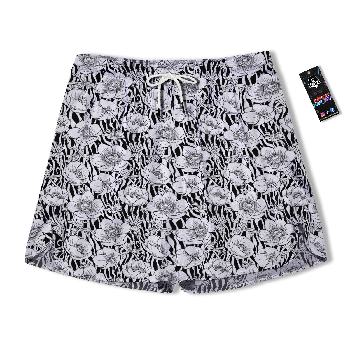 Zebra Flower Black White Print Pattern Men's Running Shorts-grizzshop