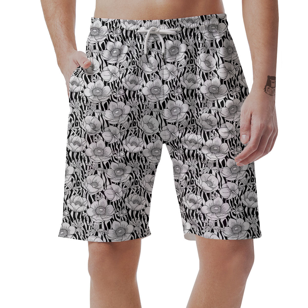 Zebra Flower Black White Print Pattern Men's Shorts-grizzshop