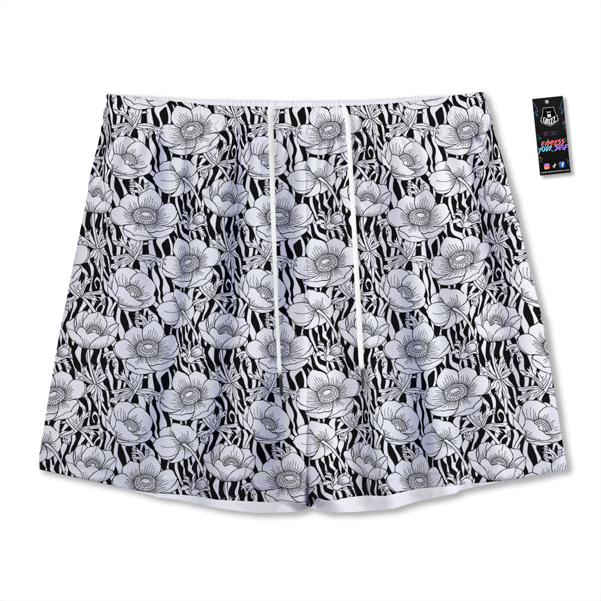 Zebra Flower Black White Print Pattern Mesh Shorts-grizzshop