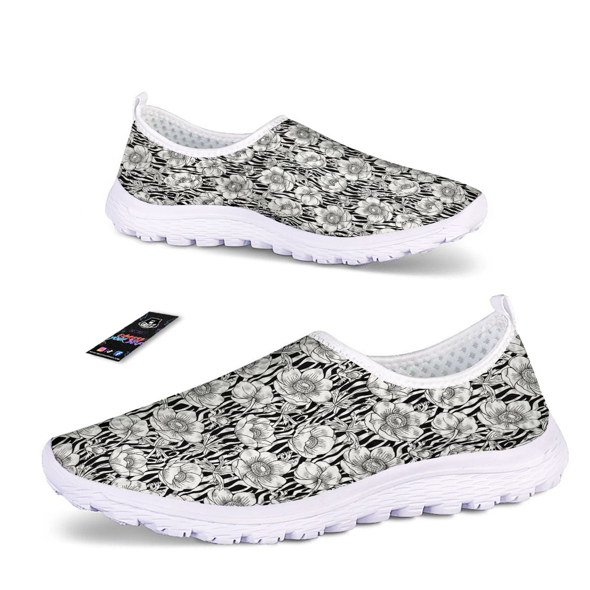 Zebra Flower Black White Print Pattern Nurse Shoes-grizzshop