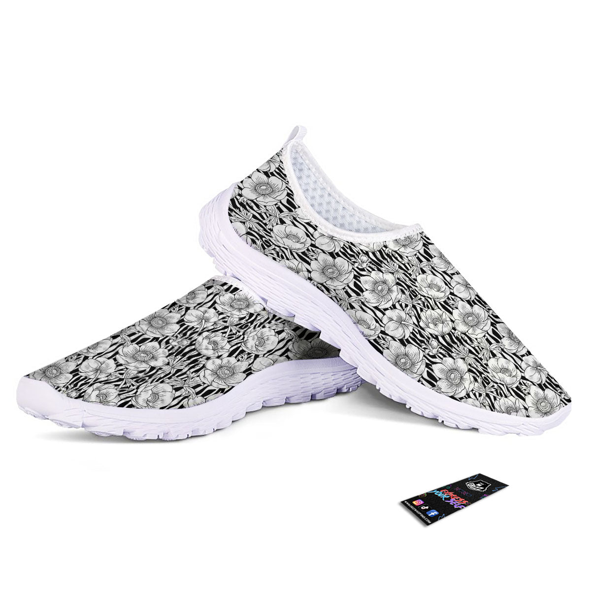 Zebra Flower Black White Print Pattern Nurse Shoes-grizzshop