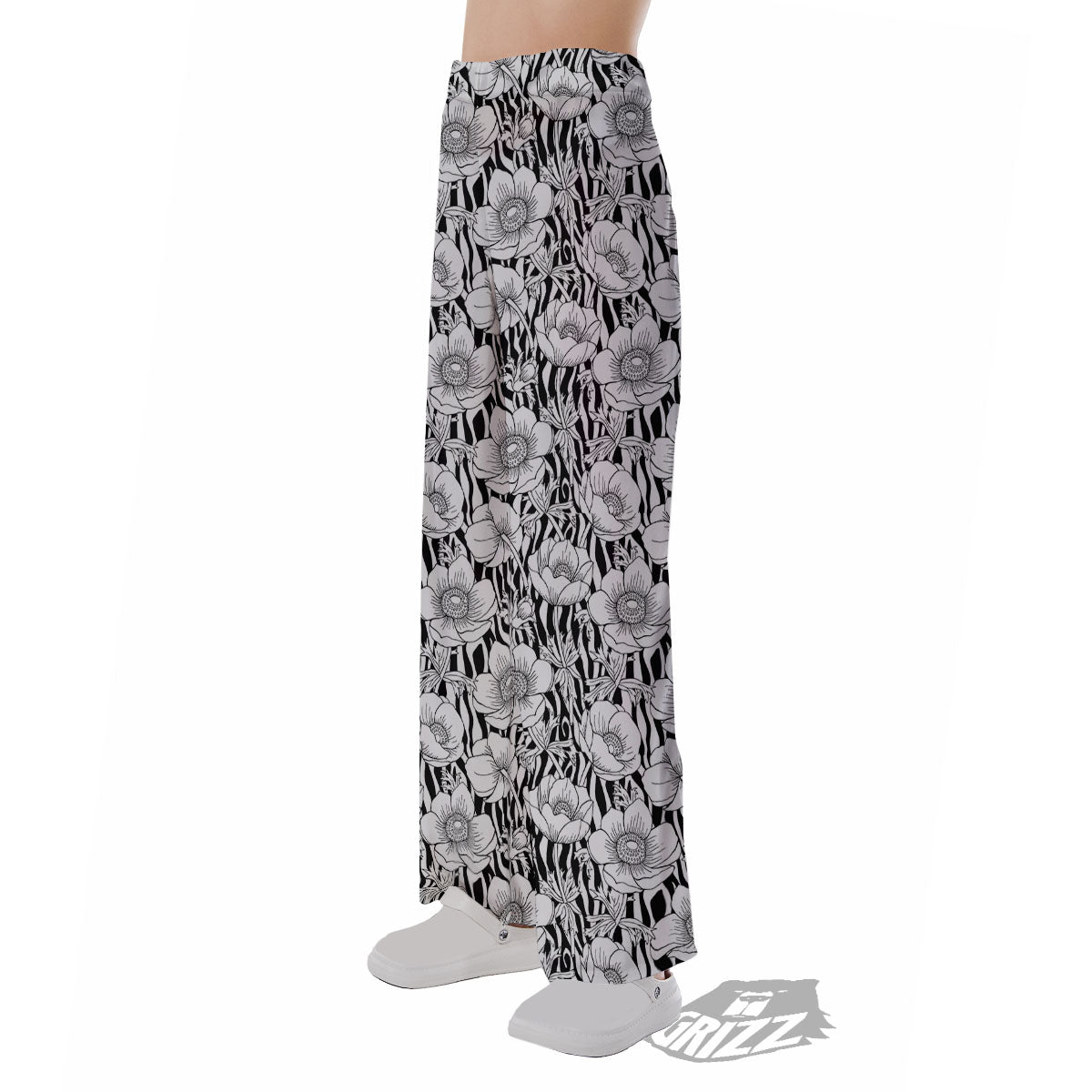 Zebra Flower Black White Print Pattern Pajama Pants-grizzshop
