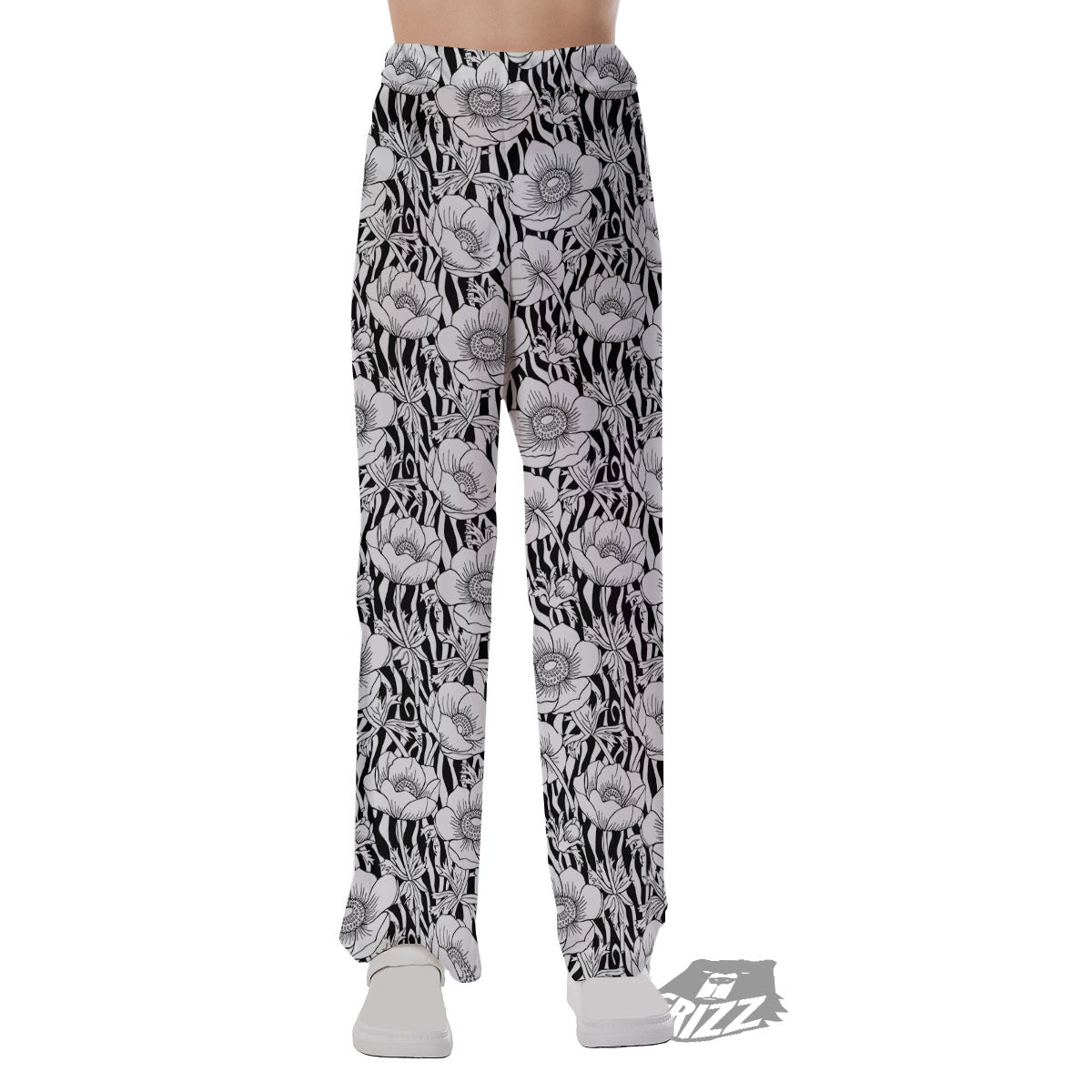 Zebra Flower Black White Print Pattern Pajama Pants-grizzshop