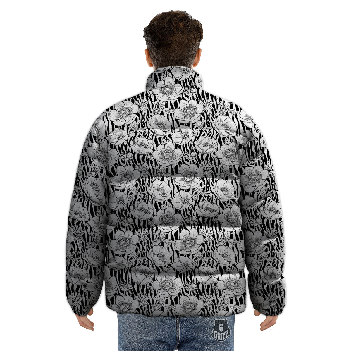 Zebra Flower Black White Print Pattern Puffer Jacket-grizzshop