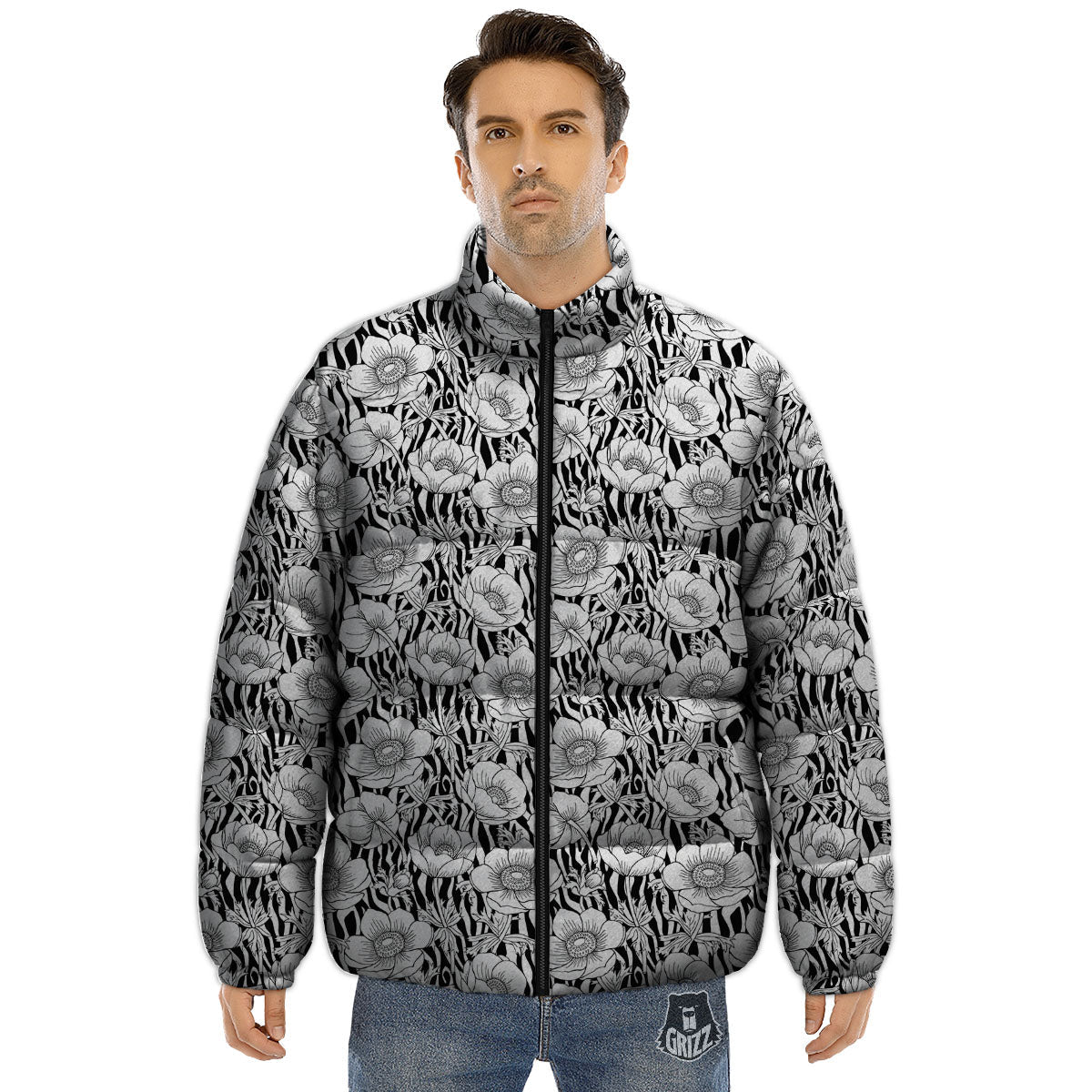 Zebra Flower Black White Print Pattern Puffer Jacket-grizzshop