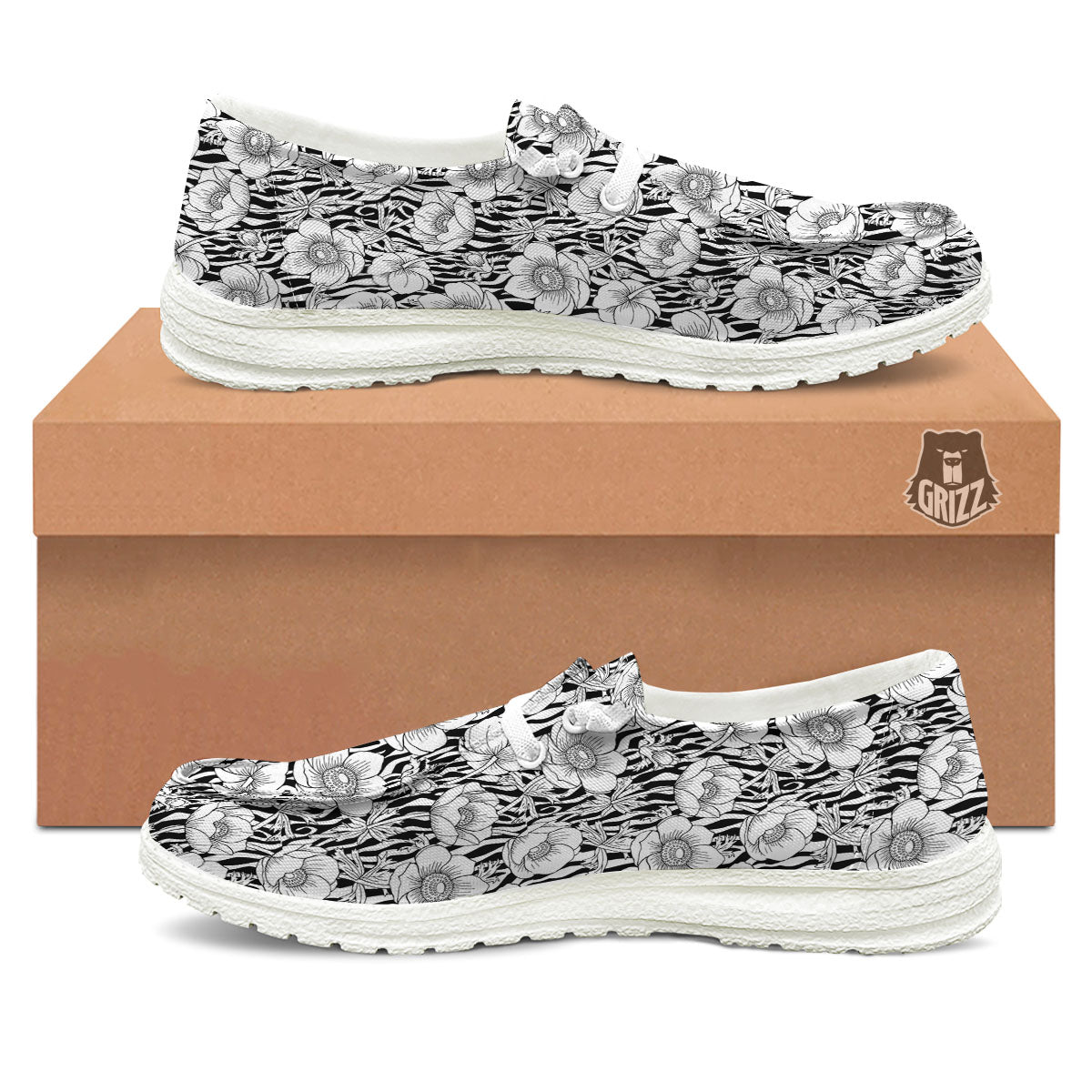 Zebra Flower Black White Print Pattern White Loafers-grizzshop