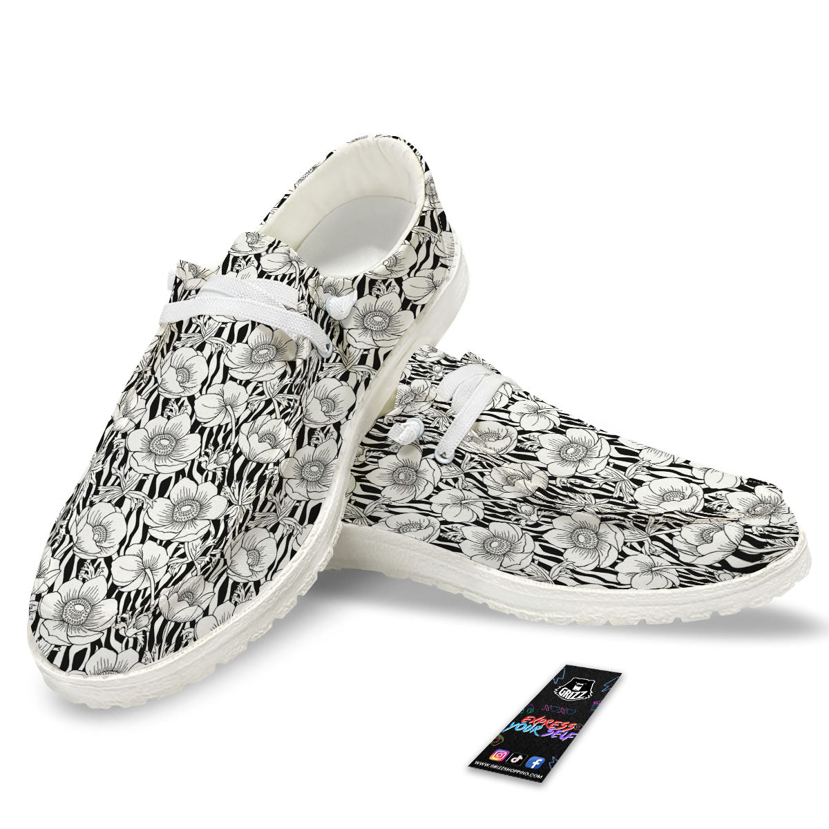 Zebra Flower Black White Print Pattern White Loafers-grizzshop