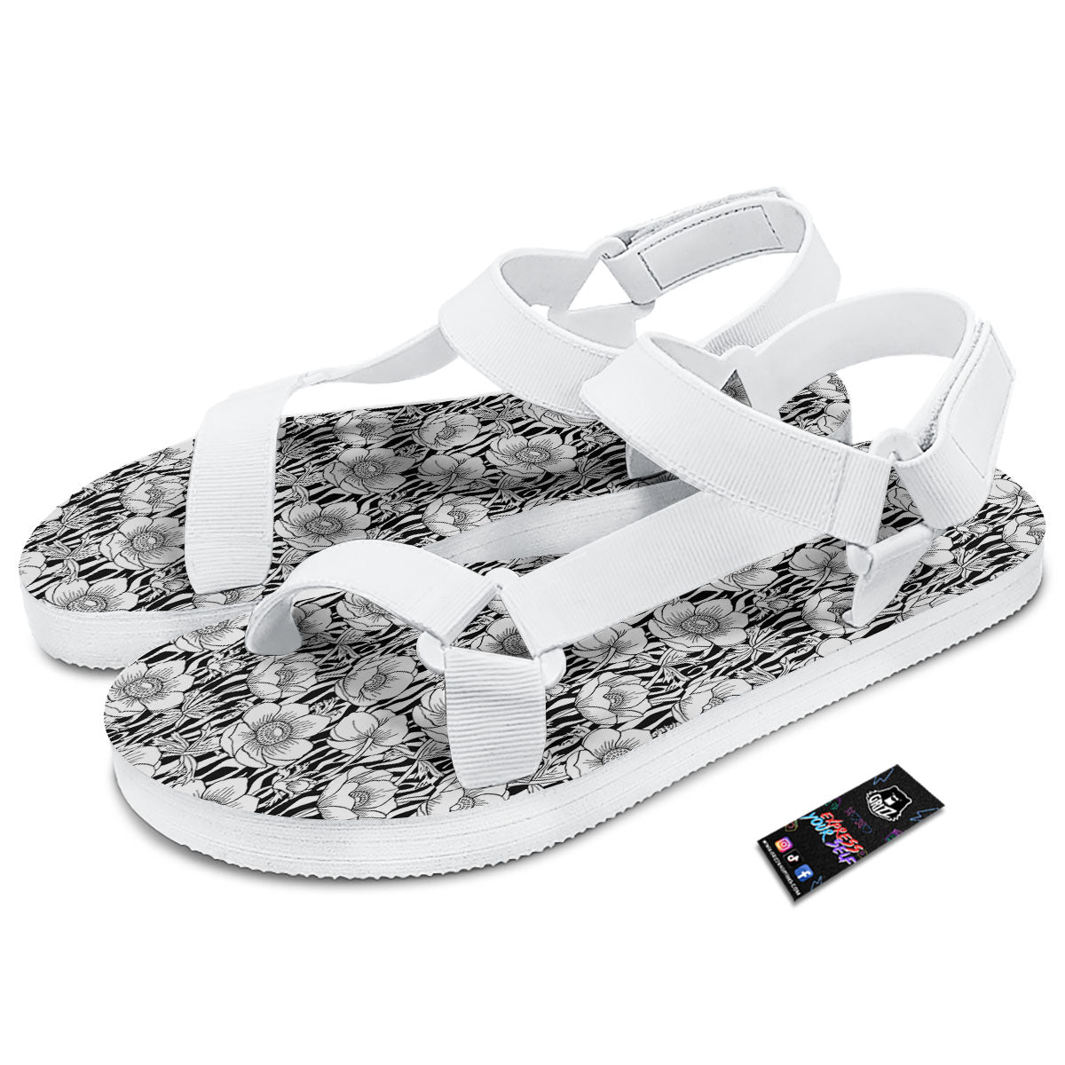Zebra Flower Black White Print Pattern White Open Toe Sandals-grizzshop