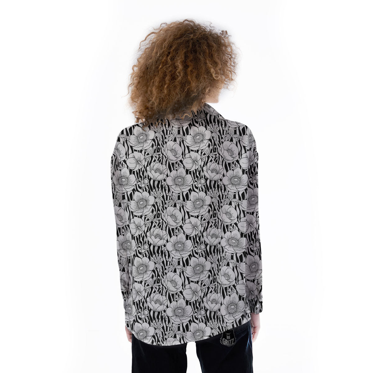 Zebra Flower Black White Print Pattern Women's Long Sleeve Shirts-grizzshop