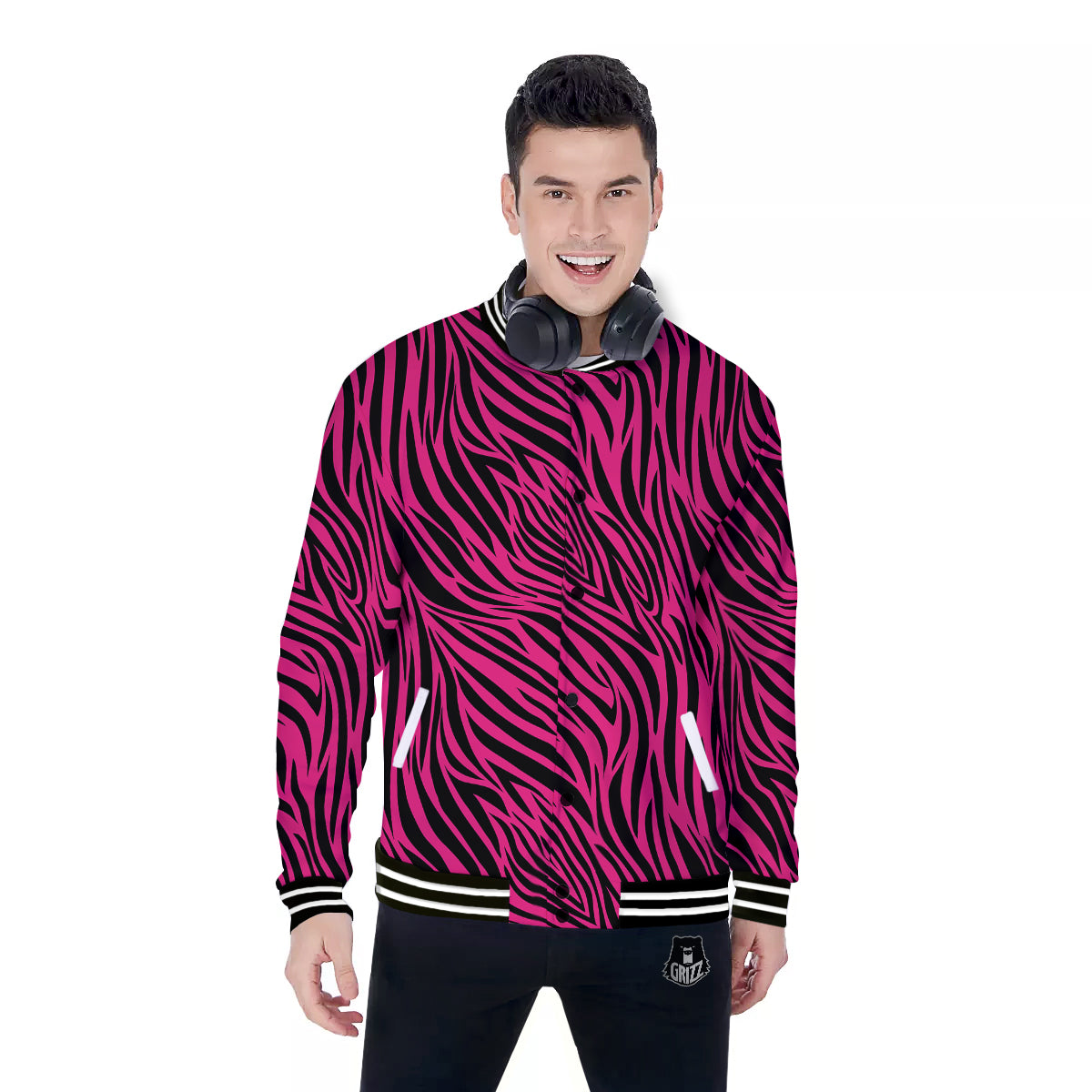 Zebra Hot Pink Print Pattern Baseball Jacket-grizzshop