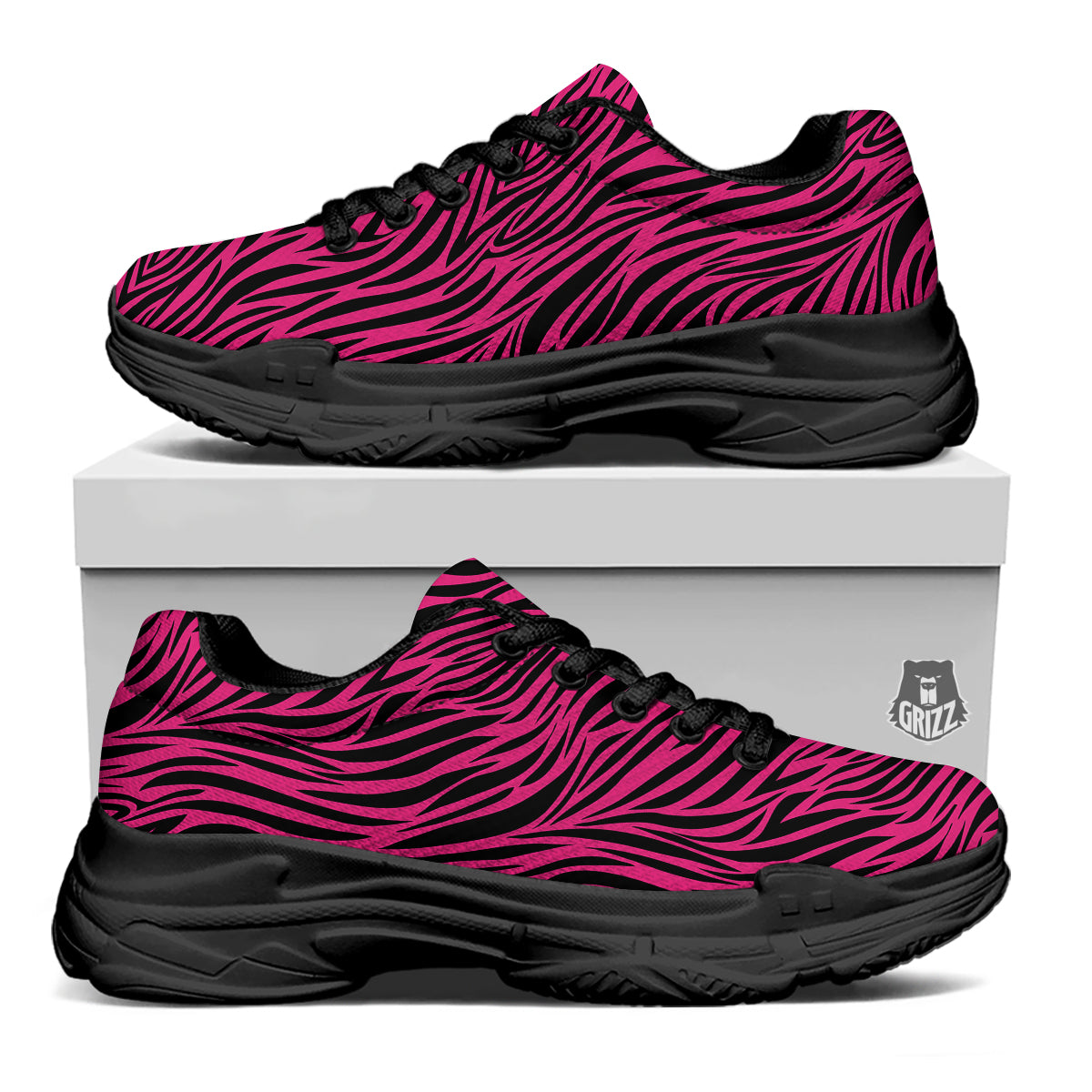 Zebra Hot Pink Print Pattern Black Chunky Shoes-grizzshop