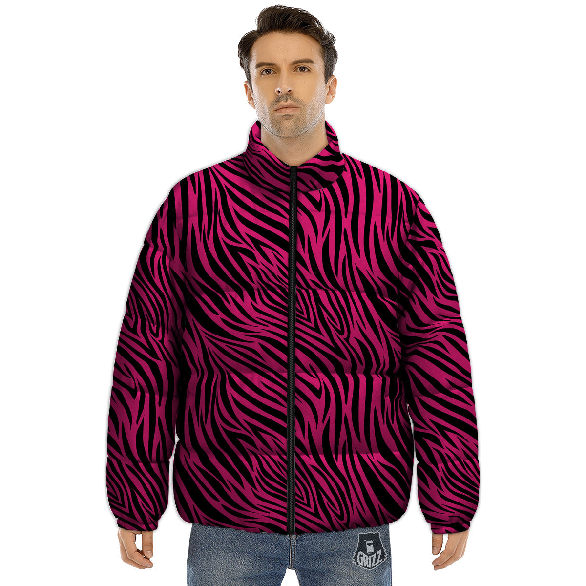Zebra Hot Pink Print Pattern Puffer Jacket-grizzshop