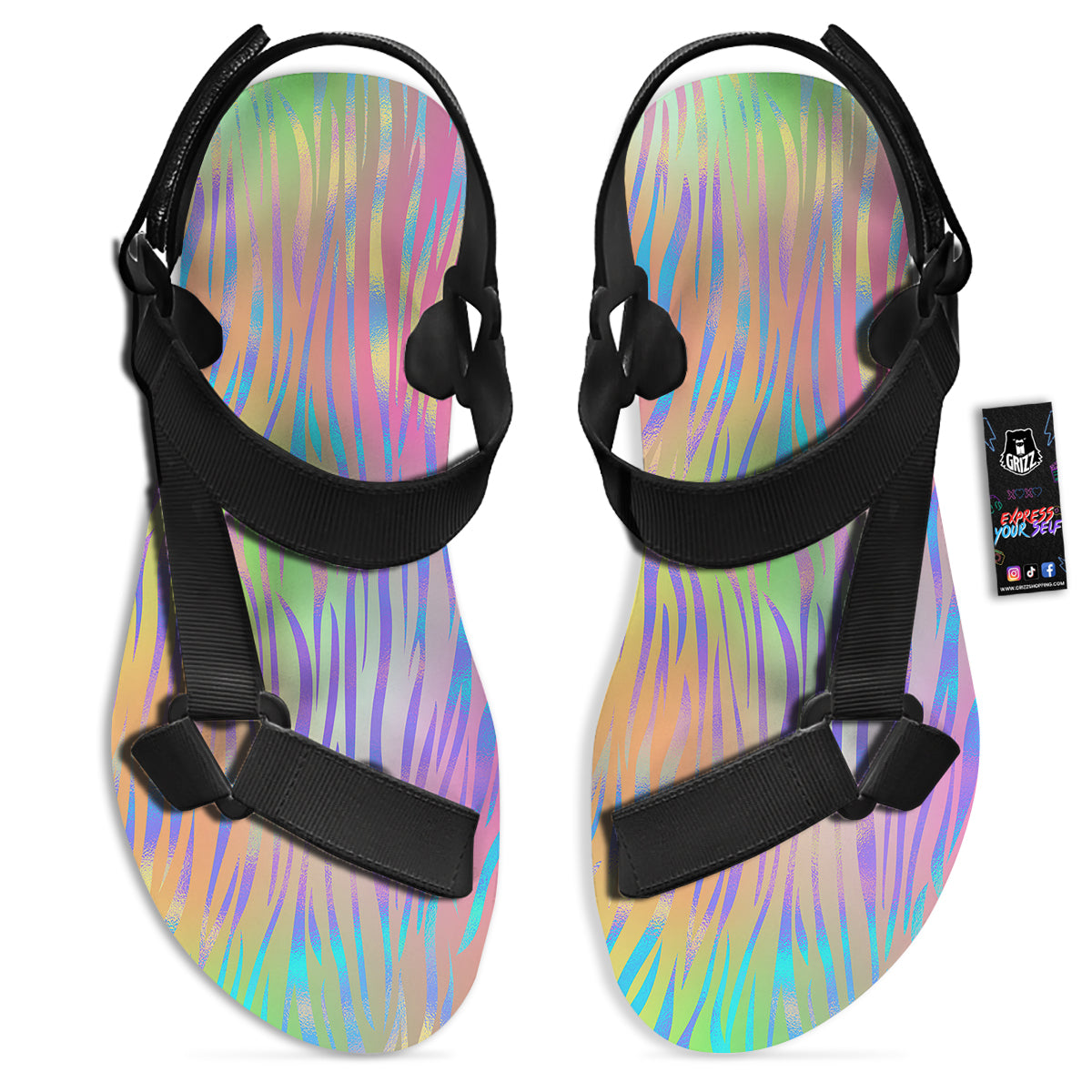 Zebra Pastel Print Pattern Black Open Toe Sandals-grizzshop