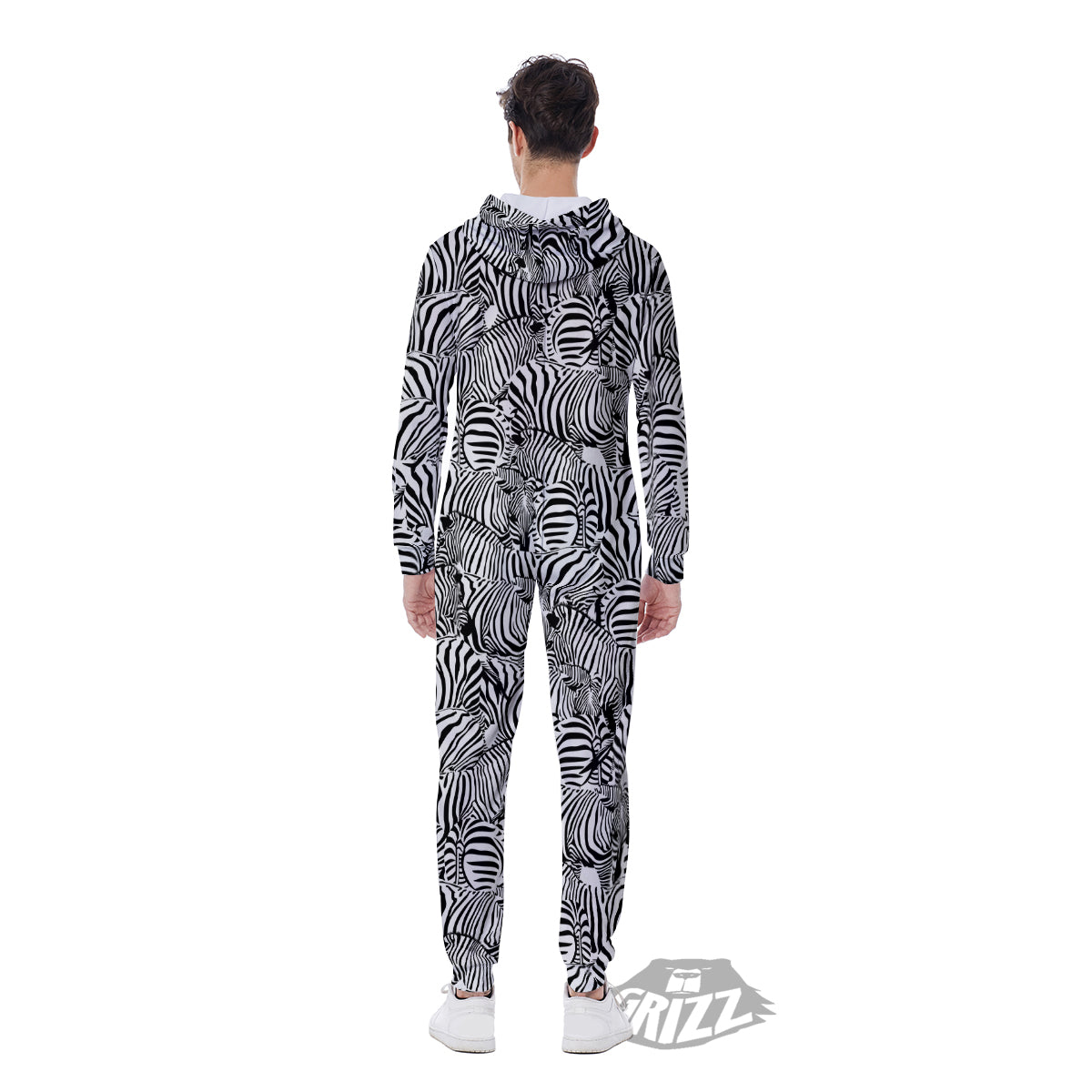 Zebra Striped Black And White Print Pattern Men's Jumpsuit-grizzshop
