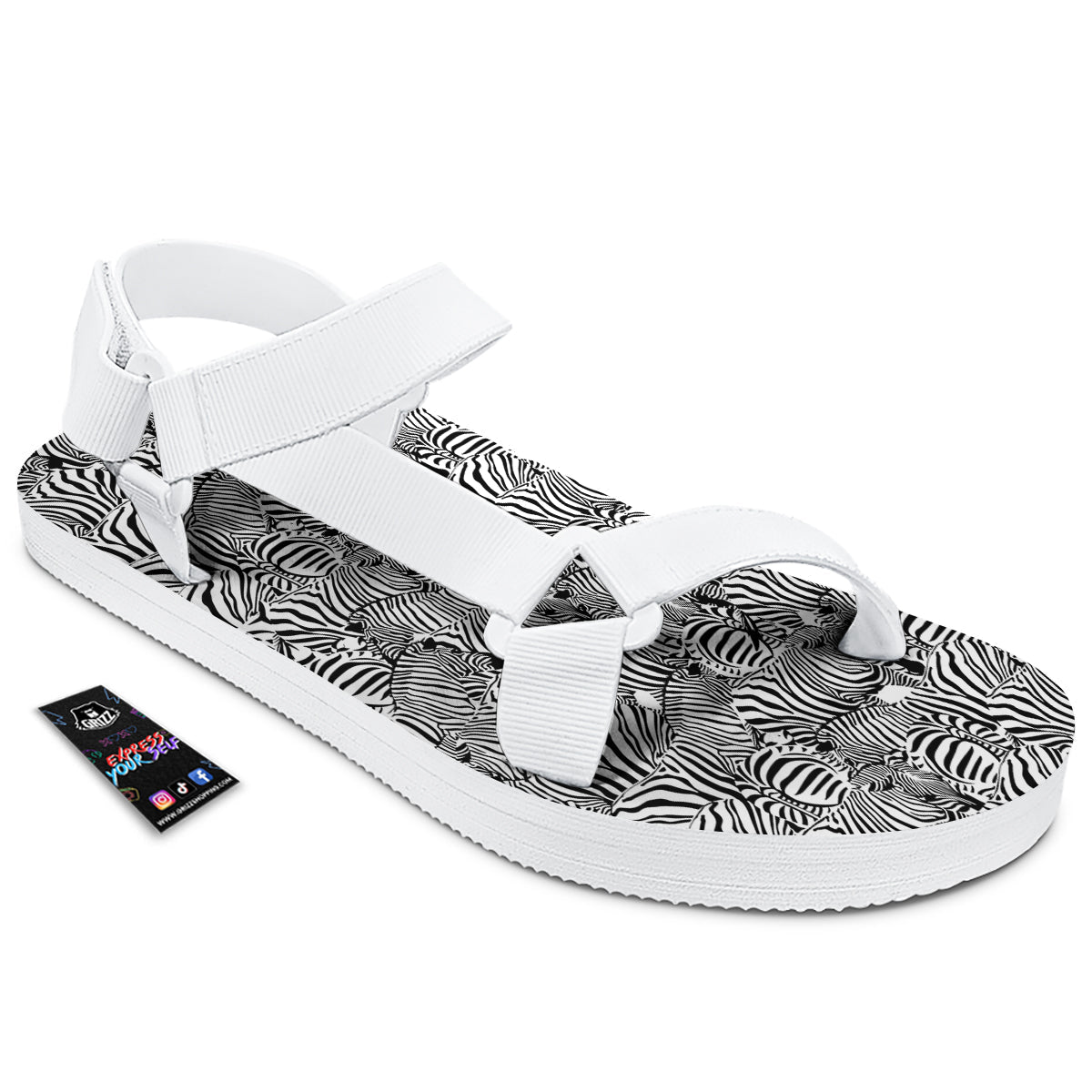 Zebra Striped Black And White Print Pattern White Open Toe Sandals-grizzshop