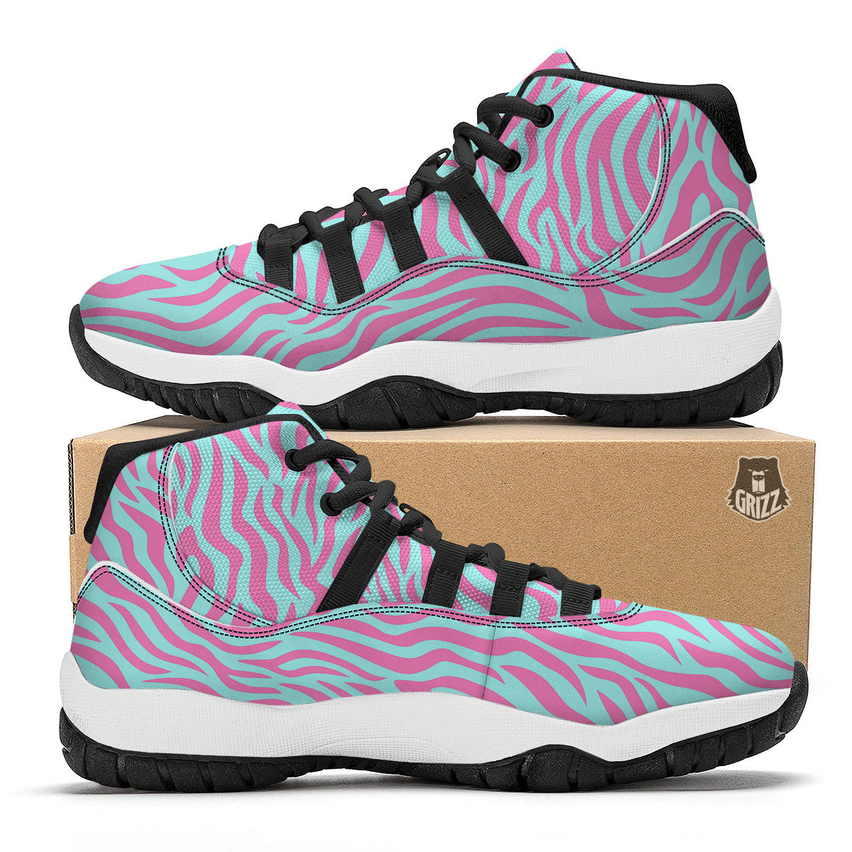 Zebra Stripes Blue And Pink Print Black Bball Shoes-grizzshop