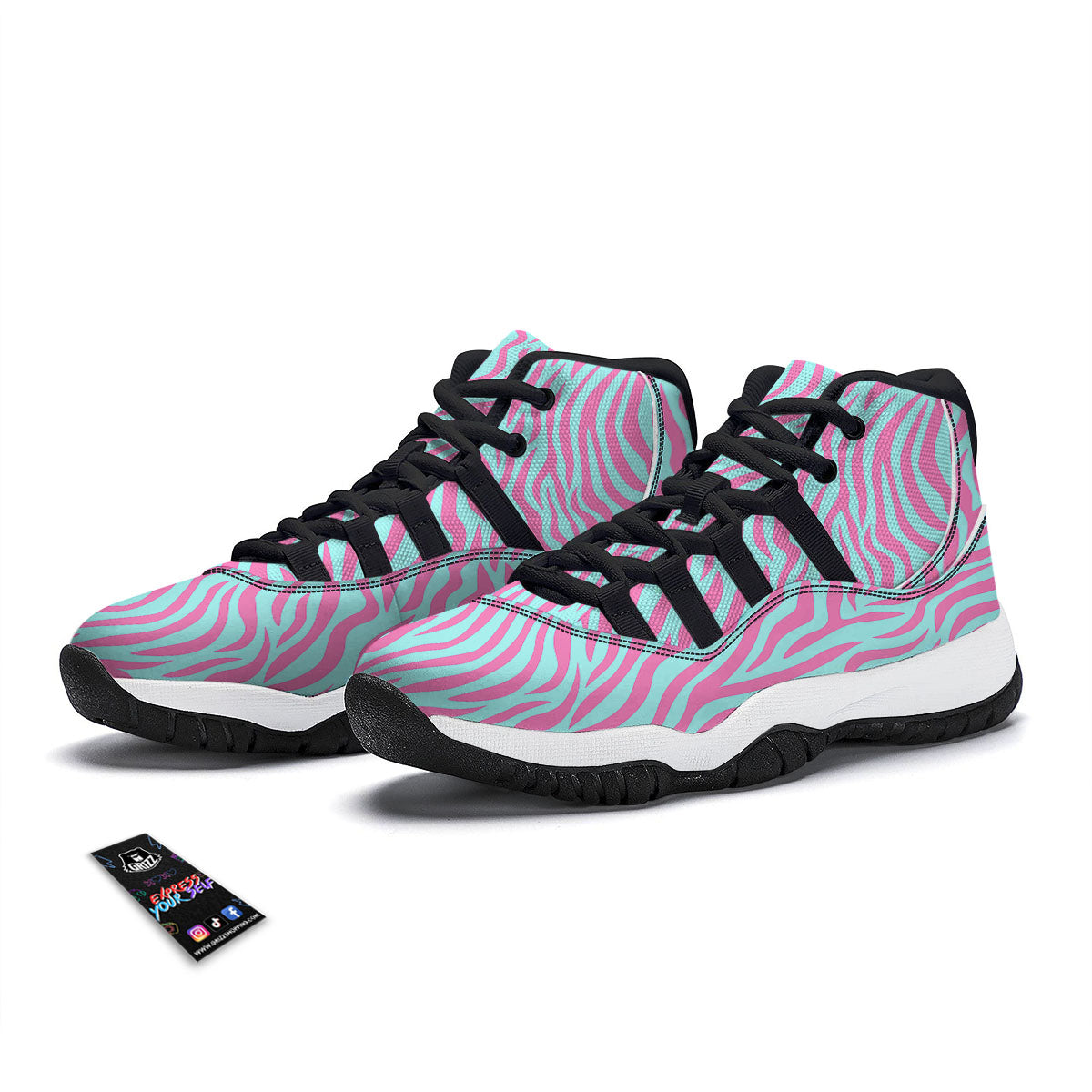 Zebra Stripes Blue And Pink Print Black Bball Shoes-grizzshop