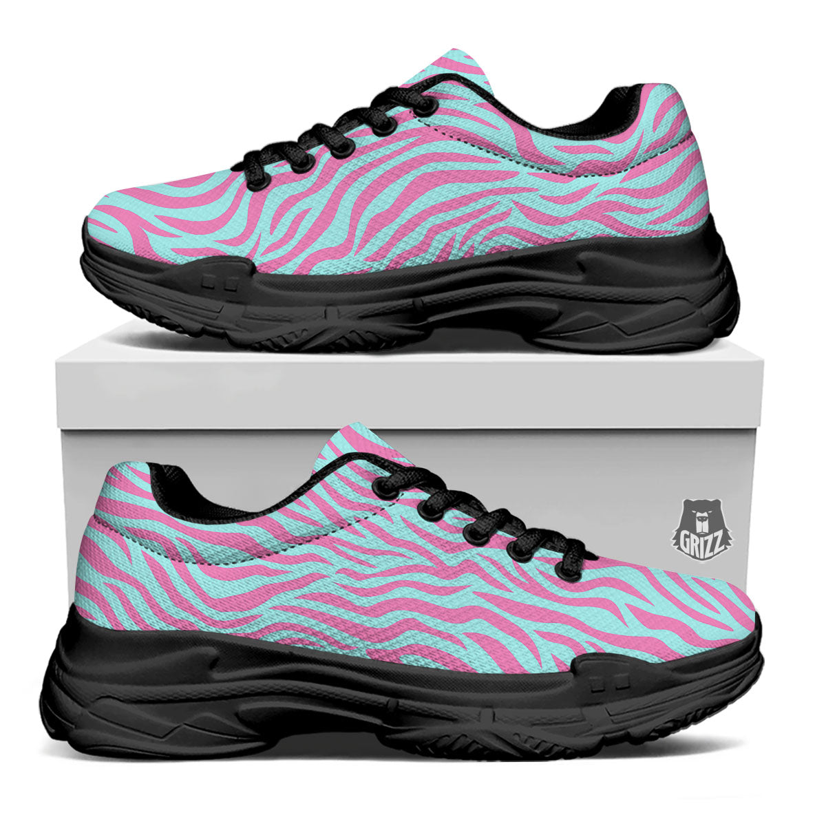 Zebra Stripes Blue And Pink Print Black Chunky Shoes-grizzshop