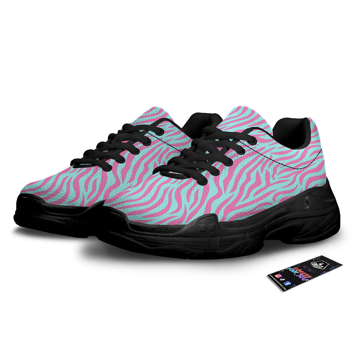 Zebra Stripes Blue And Pink Print Black Chunky Shoes-grizzshop