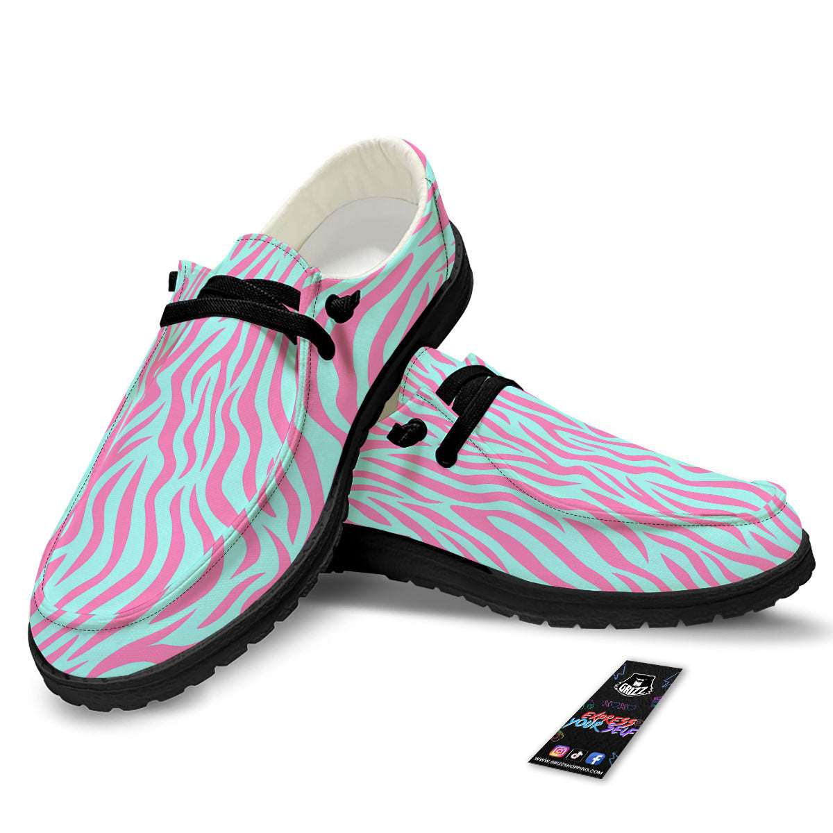 Zebra Stripes Blue And Pink Print Black Loafers-grizzshop