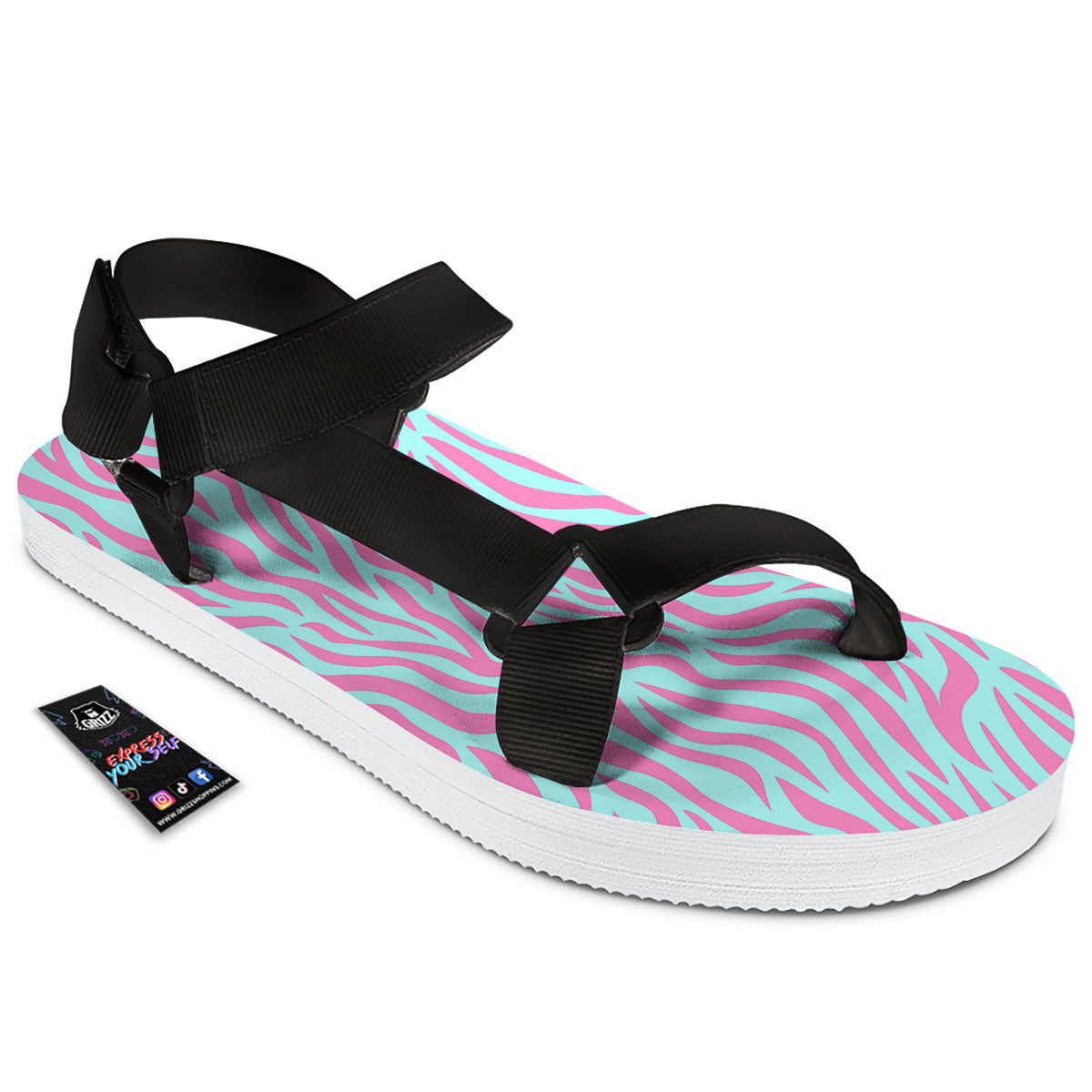 Zebra Stripes Blue And Pink Print Black Open Toe Sandals-grizzshop
