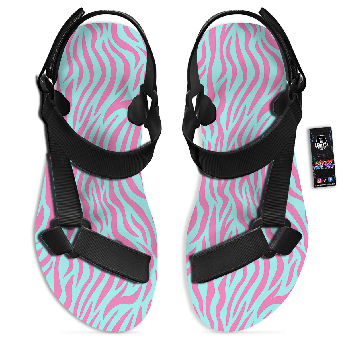 Zebra Stripes Blue And Pink Print Black Open Toe Sandals-grizzshop