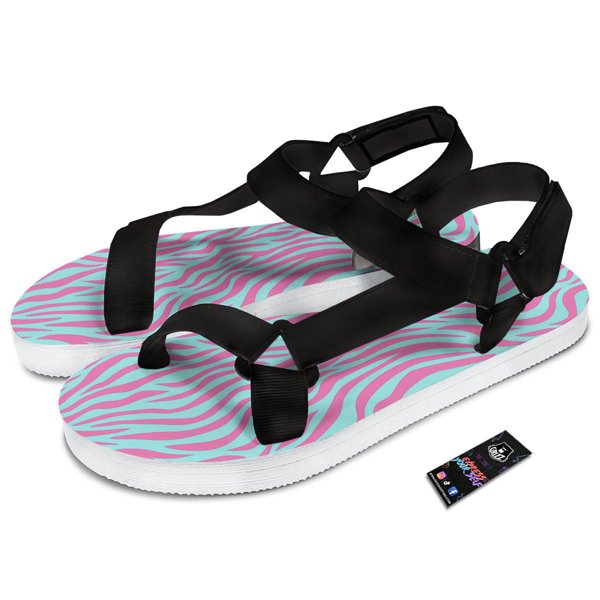 Zebra Stripes Blue And Pink Print Black Open Toe Sandals-grizzshop