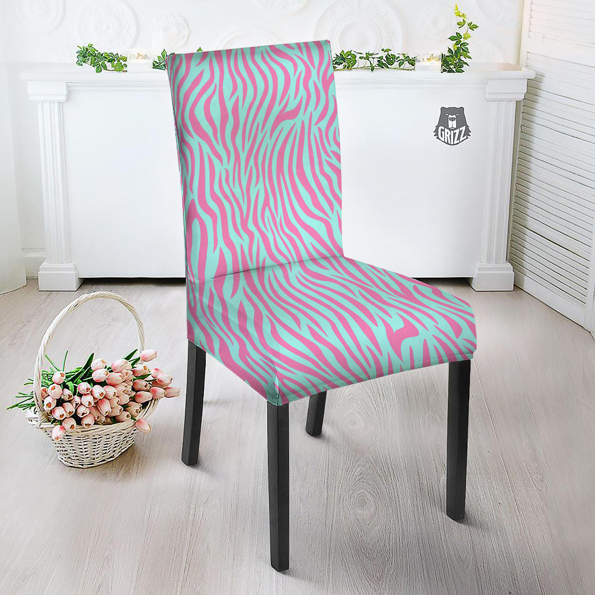 Zebra Stripes Blue And Pink Print Dining Chair Slipcover-grizzshop