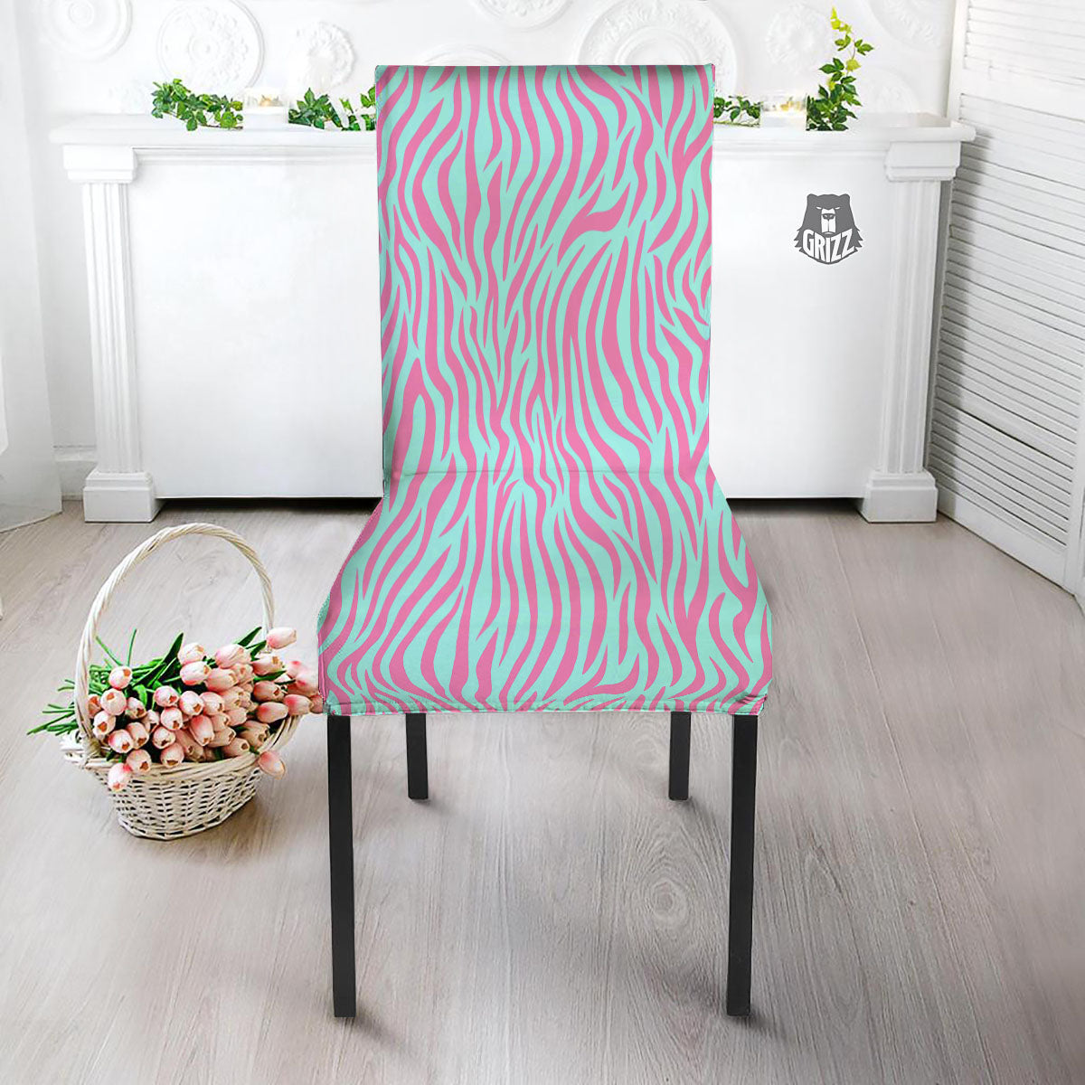 Zebra Stripes Blue And Pink Print Dining Chair Slipcover-grizzshop