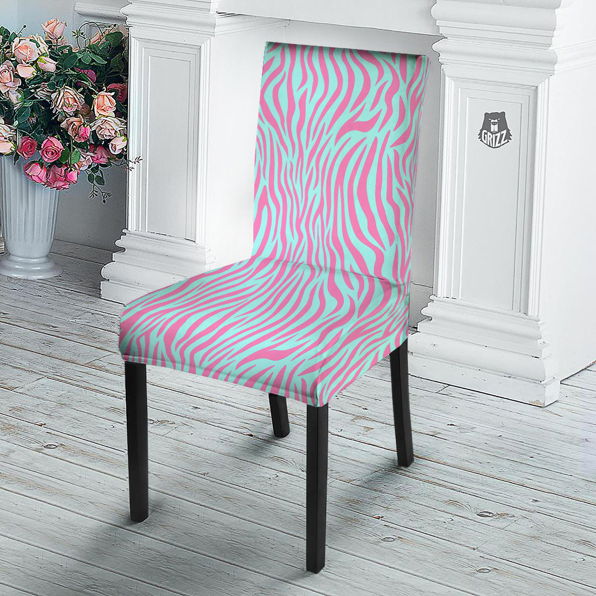 Zebra Stripes Blue And Pink Print Dining Chair Slipcover-grizzshop