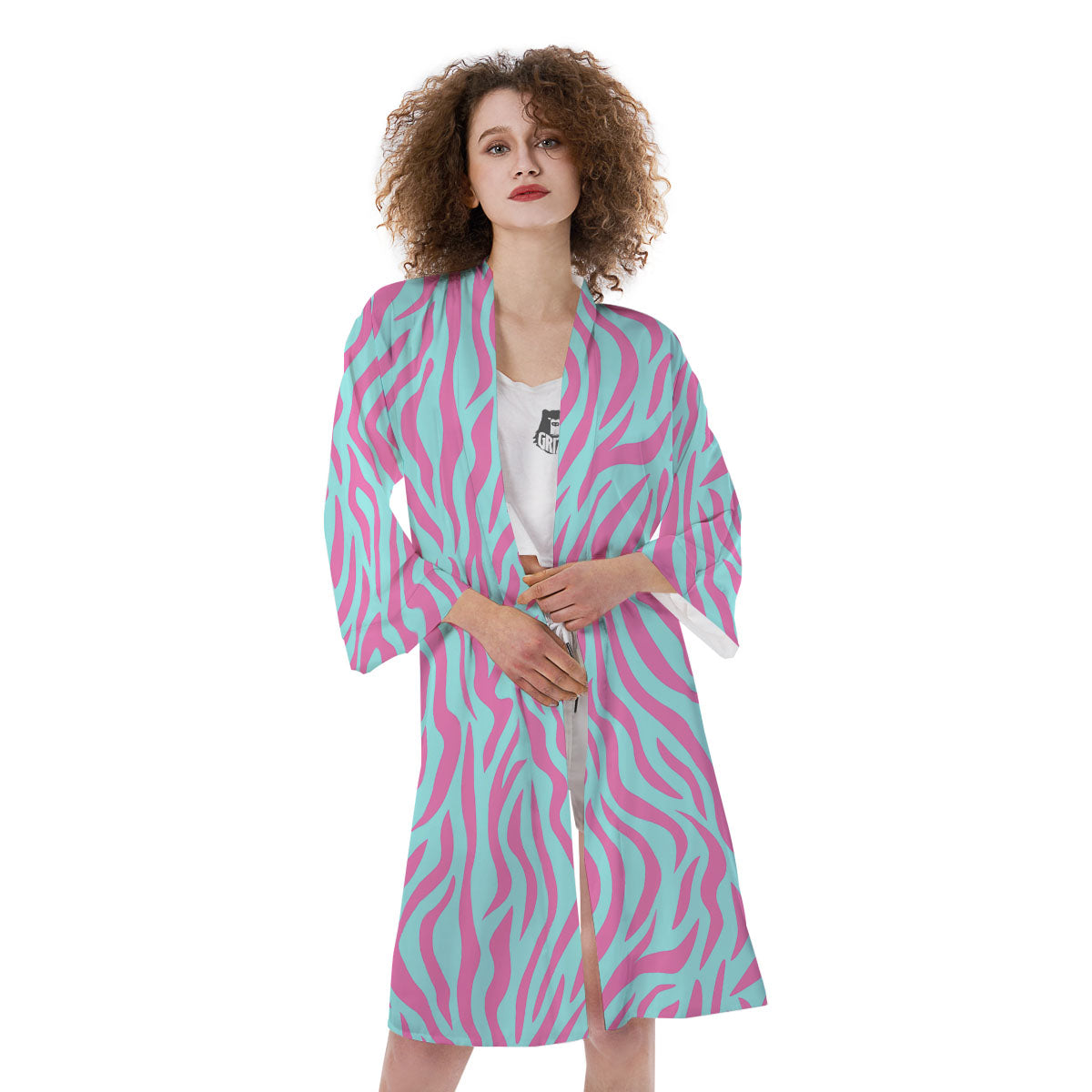 Zebra Stripes Blue And Pink Print Kimono-grizzshop