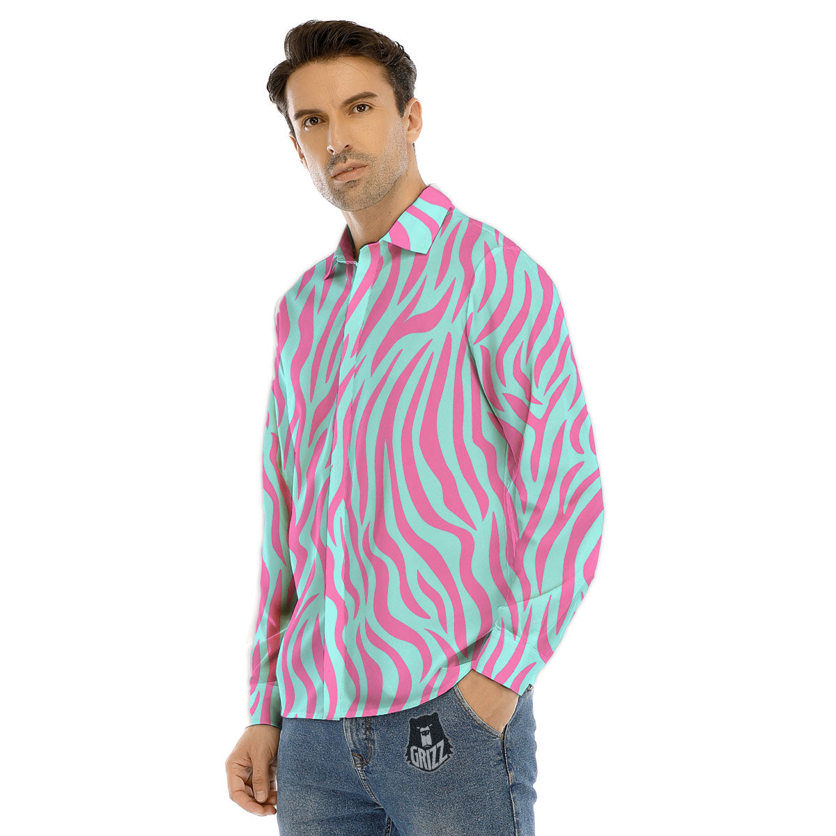 Zebra Stripes Blue And Pink Print Men's Dress Shirts-grizzshop