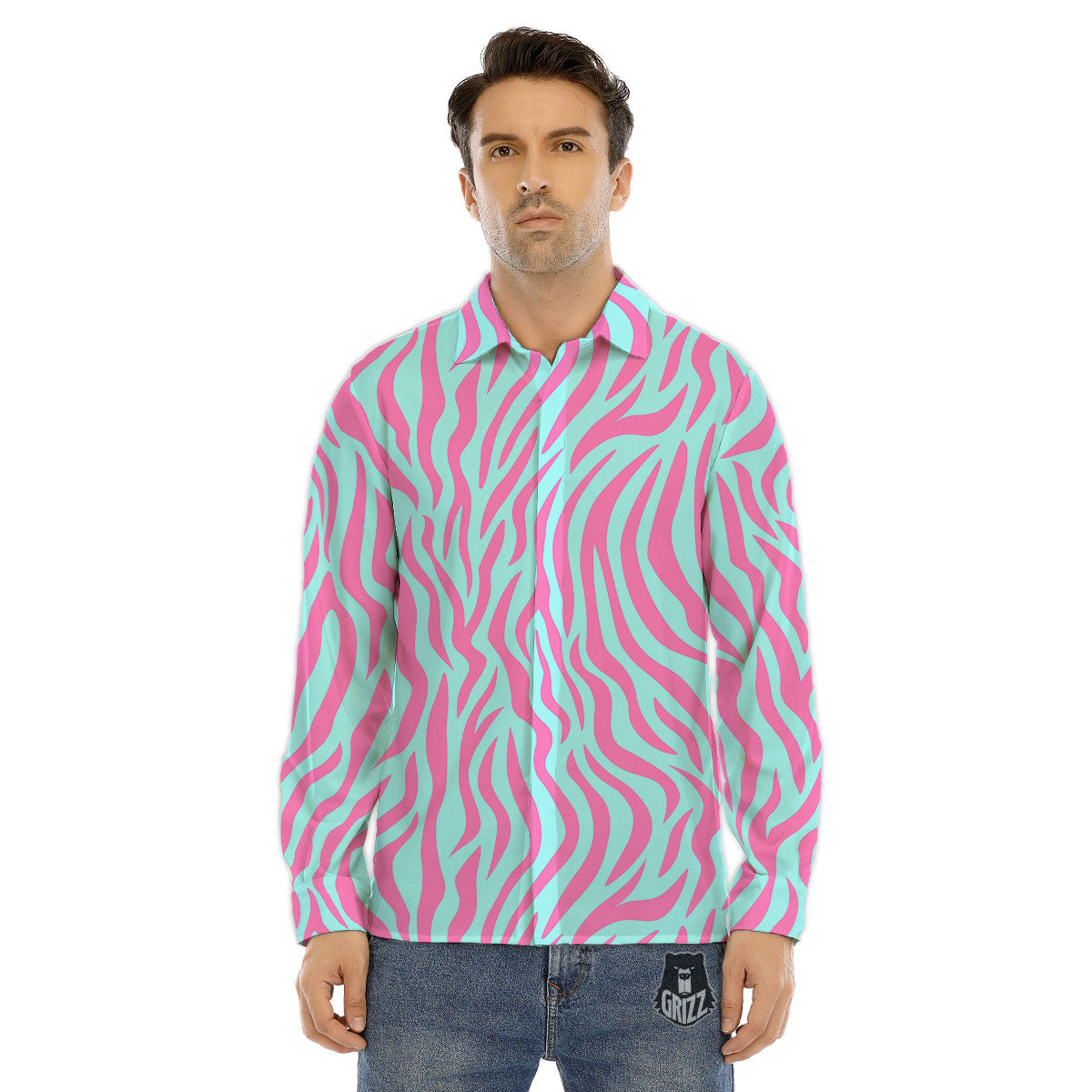Zebra Stripes Blue And Pink Print Men's Dress Shirts-grizzshop