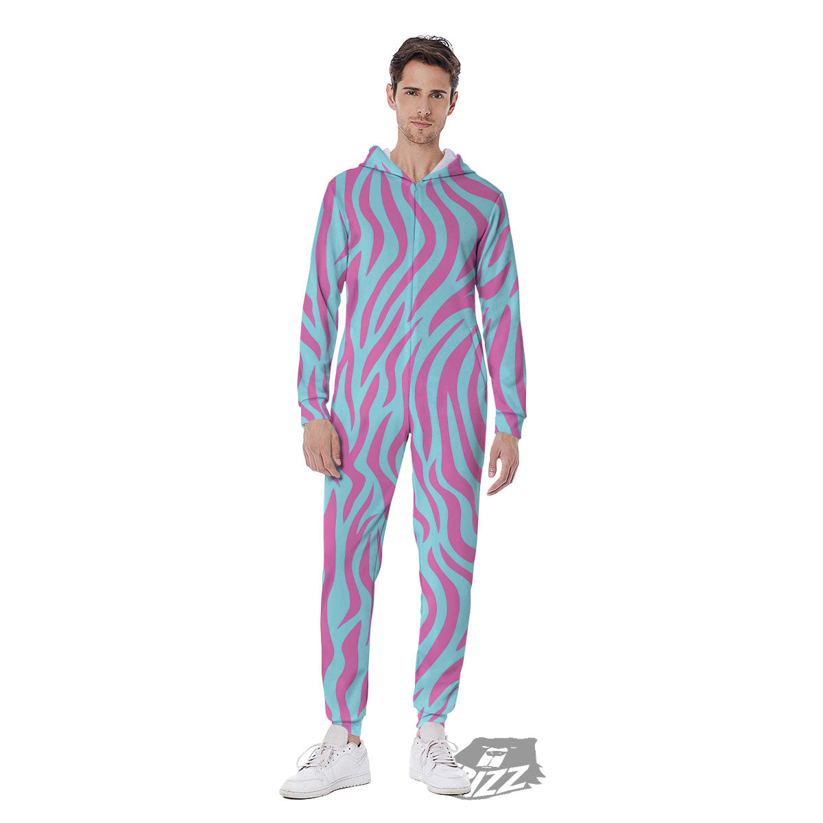 Zebra Stripes Blue And Pink Print Men's Jumpsuit-grizzshop